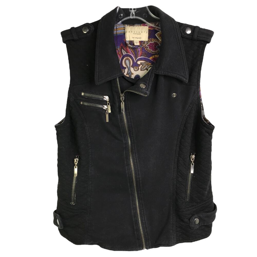 Sanctuary Vest Womens Sz L Black‎ Motorcycle Jacket Style Quilted Paisley Lining